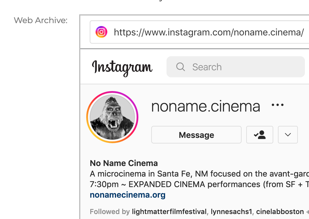 screenshot of cinefiles website featuring an embedded capture of the no name cinema website