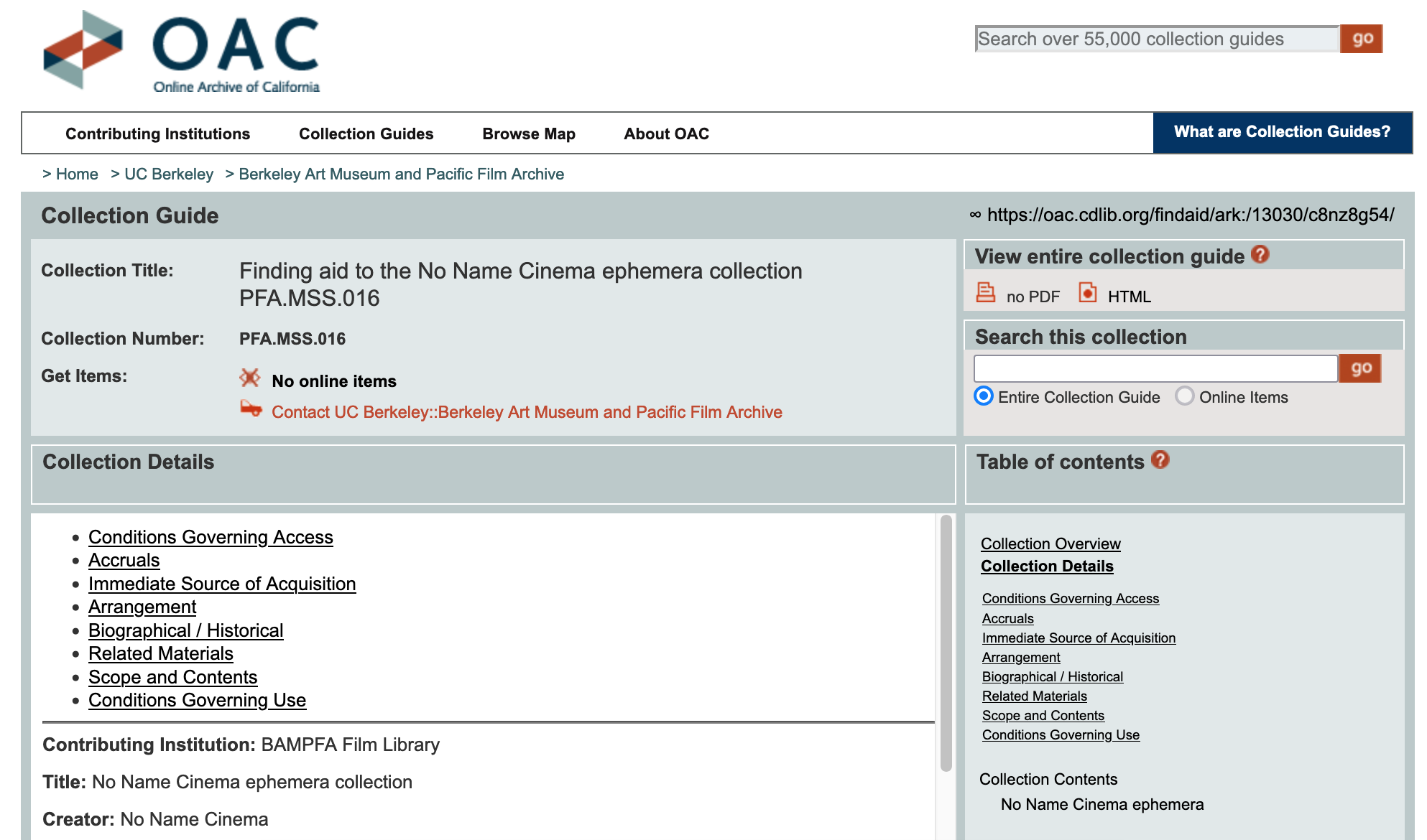 screenshot of the bampfa finding aid for no name cinema ephemera collection